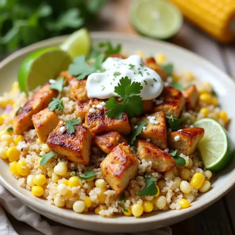 Creamy Street Corn Chicken Rice Bowl with lime and cotija