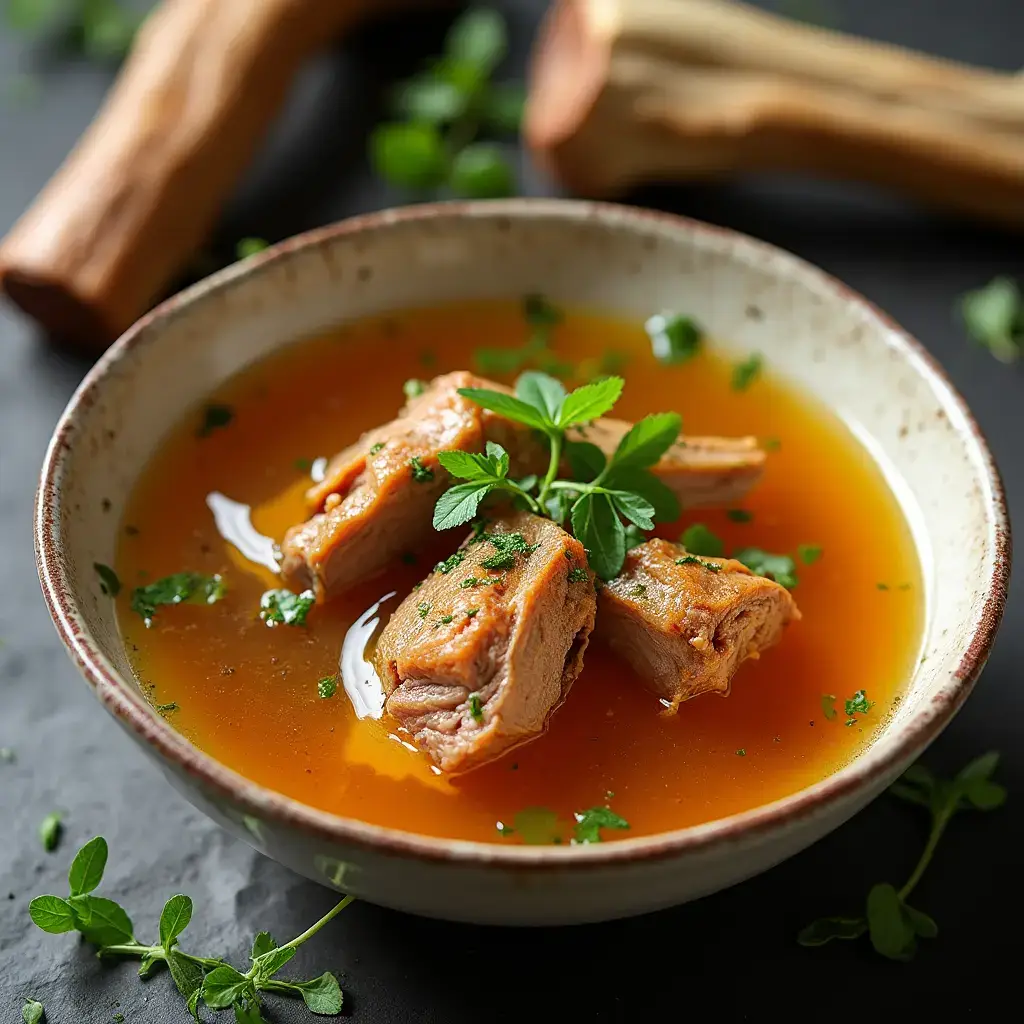 Golden Beef Bones Broth with visible roasted bones
