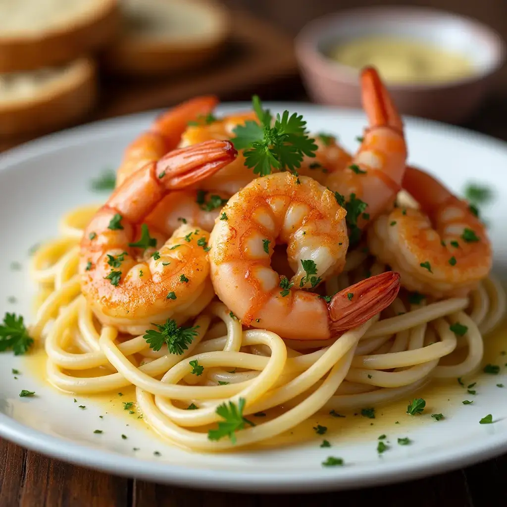Garlic Butter Shrimp plated with parsley and bread