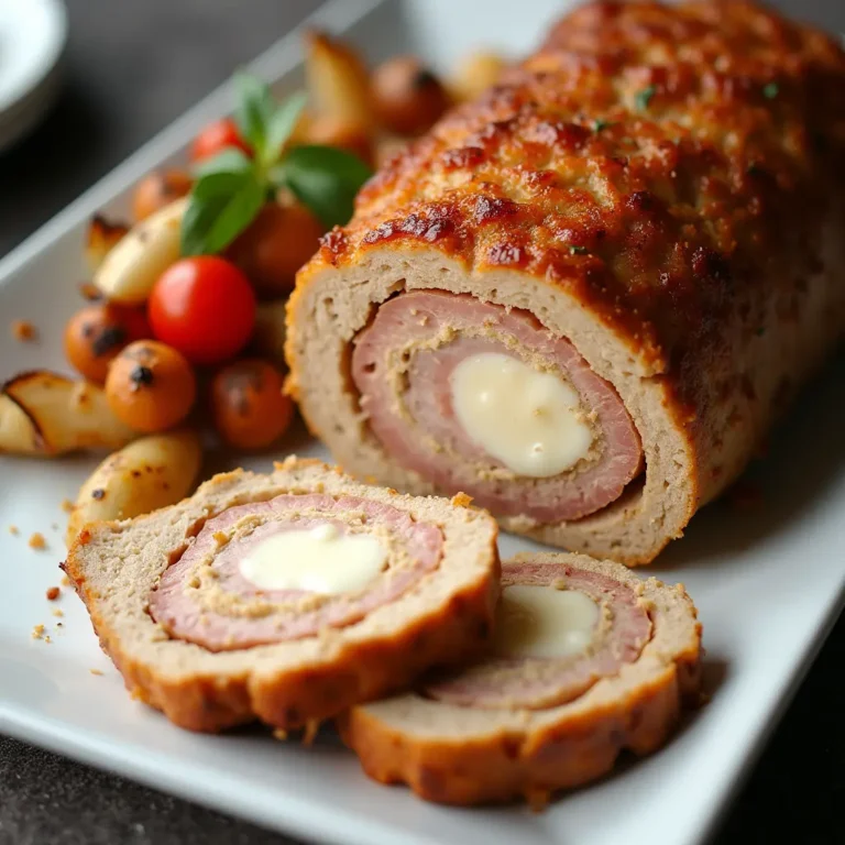 chicken cordon bleu meatloaf revealing cheesy layers