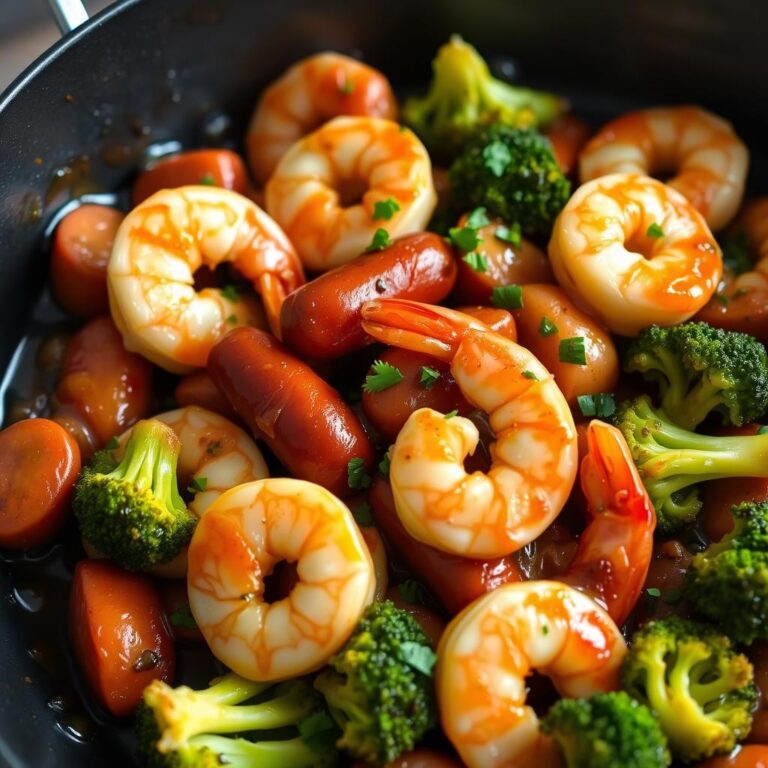 honey garlic shrimp sausage and broccoli