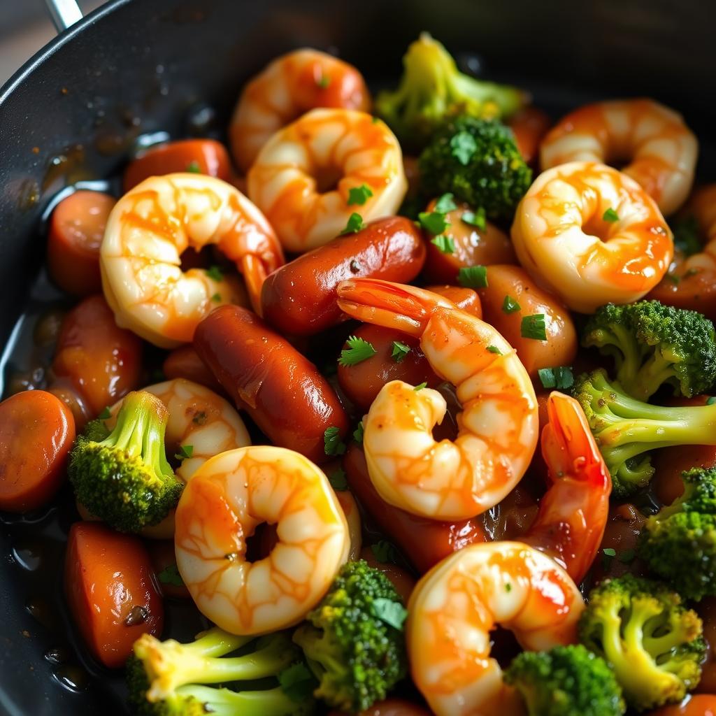honey garlic shrimp sausage and broccoli